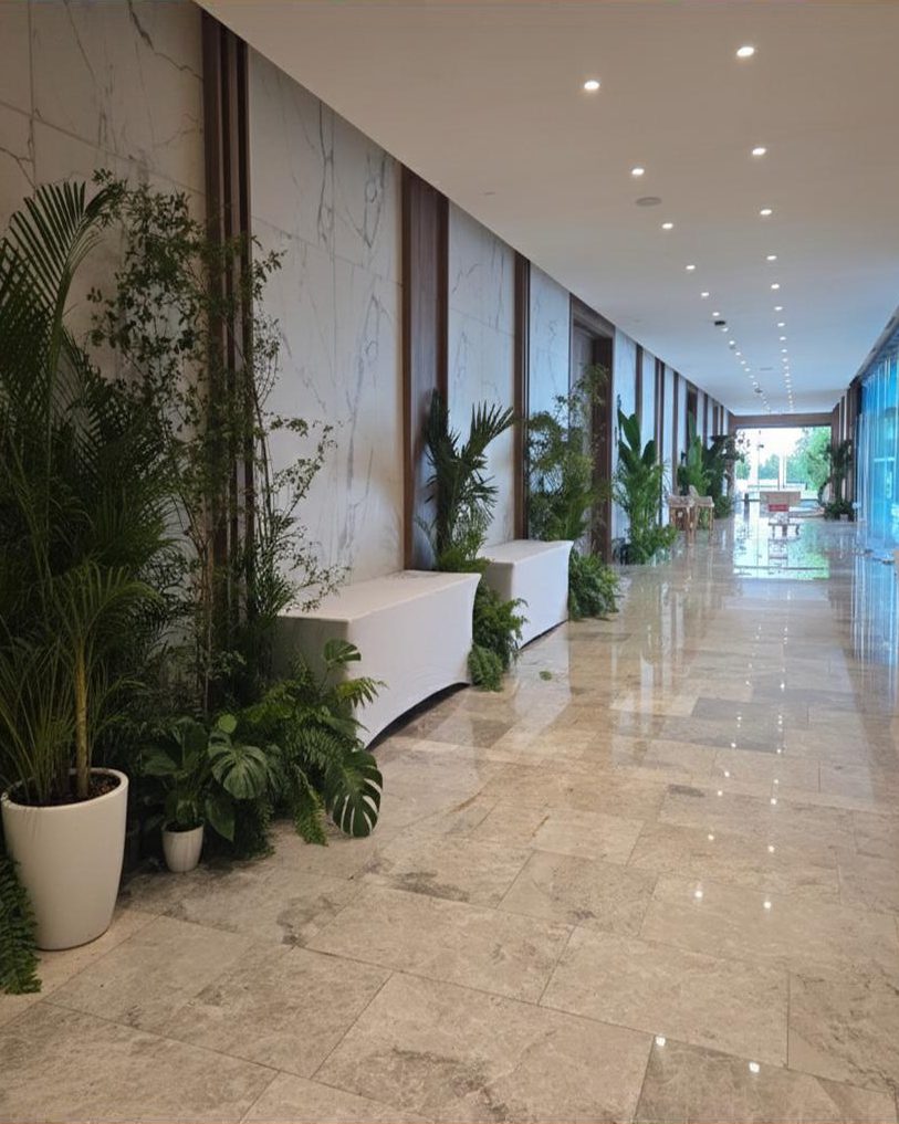 Hotel corridor decorated with tropical plants