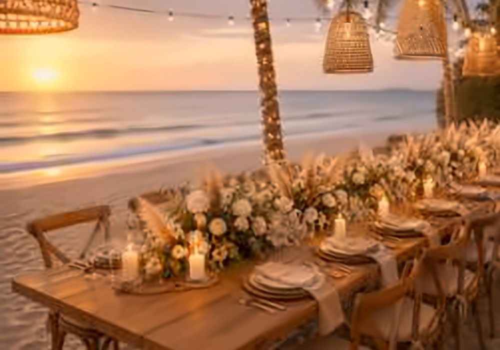 Beachfront reception table at sunset